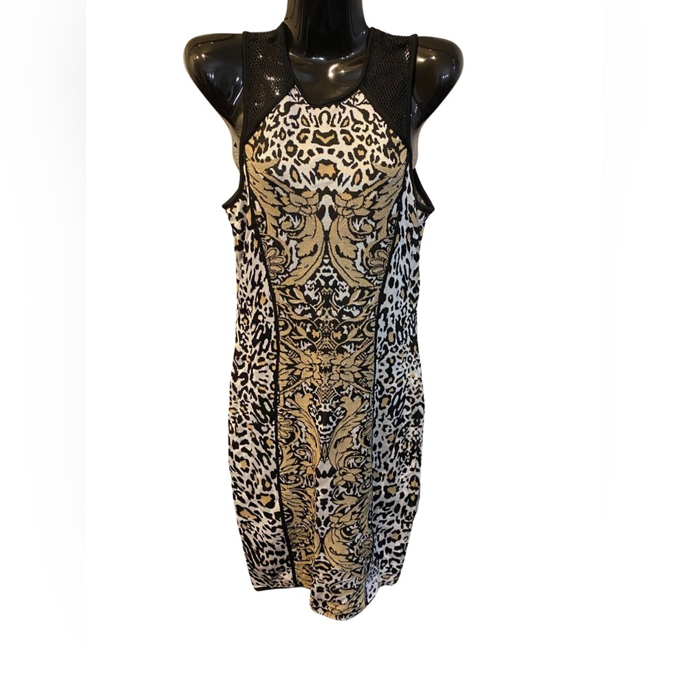 Cache Sz Small Leopard All Over Print Mesh Shoulders Sleeveless Tank Dress